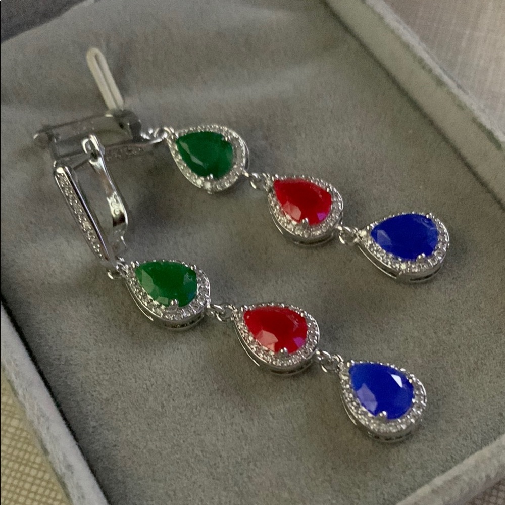 Silver emerald sapphire Ruby Teardrop Earrings with Halo Design